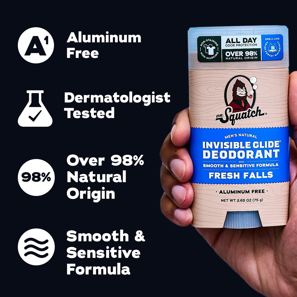 Dr. Squatch Invisible Glide Natural Men’s Deodorant - Smooth Glide, No Stains - Aluminum Free Deodorant Men - Safe for Sensitive Skin - Fresh Falls + Beauty and Personal Care Dr. Squatch