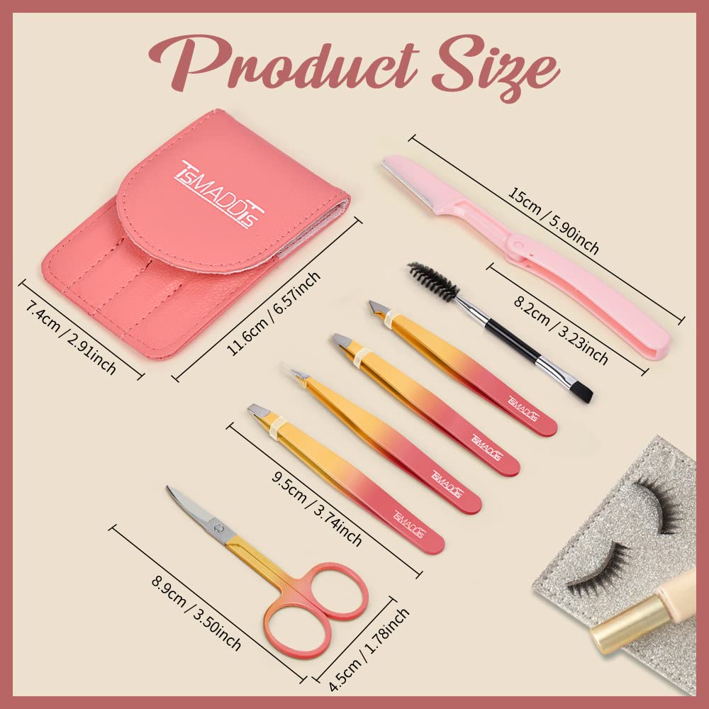 TsMADDTs 7 pcs Tweezers Set for Women Facial Hair, Precision Tweezer for Eyebrows with Curved Scissor and Eyebrow Razor for Ingrown Hair, Pink&Yellow Beauty and Personal Care TsMADDTs