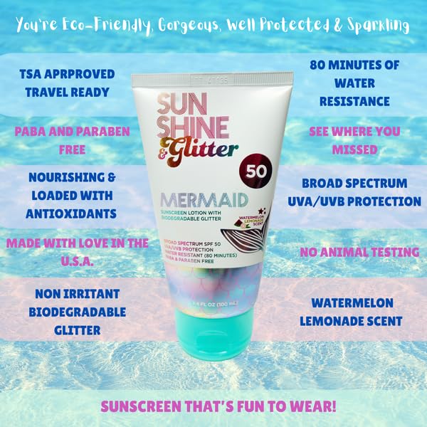 NEW! SUNSHINE & Glitter- Seastar Sparkle - Mermaid Watermelon Lemonade Scented Sunscreen lotion - SPF 50 - Biodegradable Glitter Sunscreen, Water Beauty & Personal Care Sunshine & Glitter