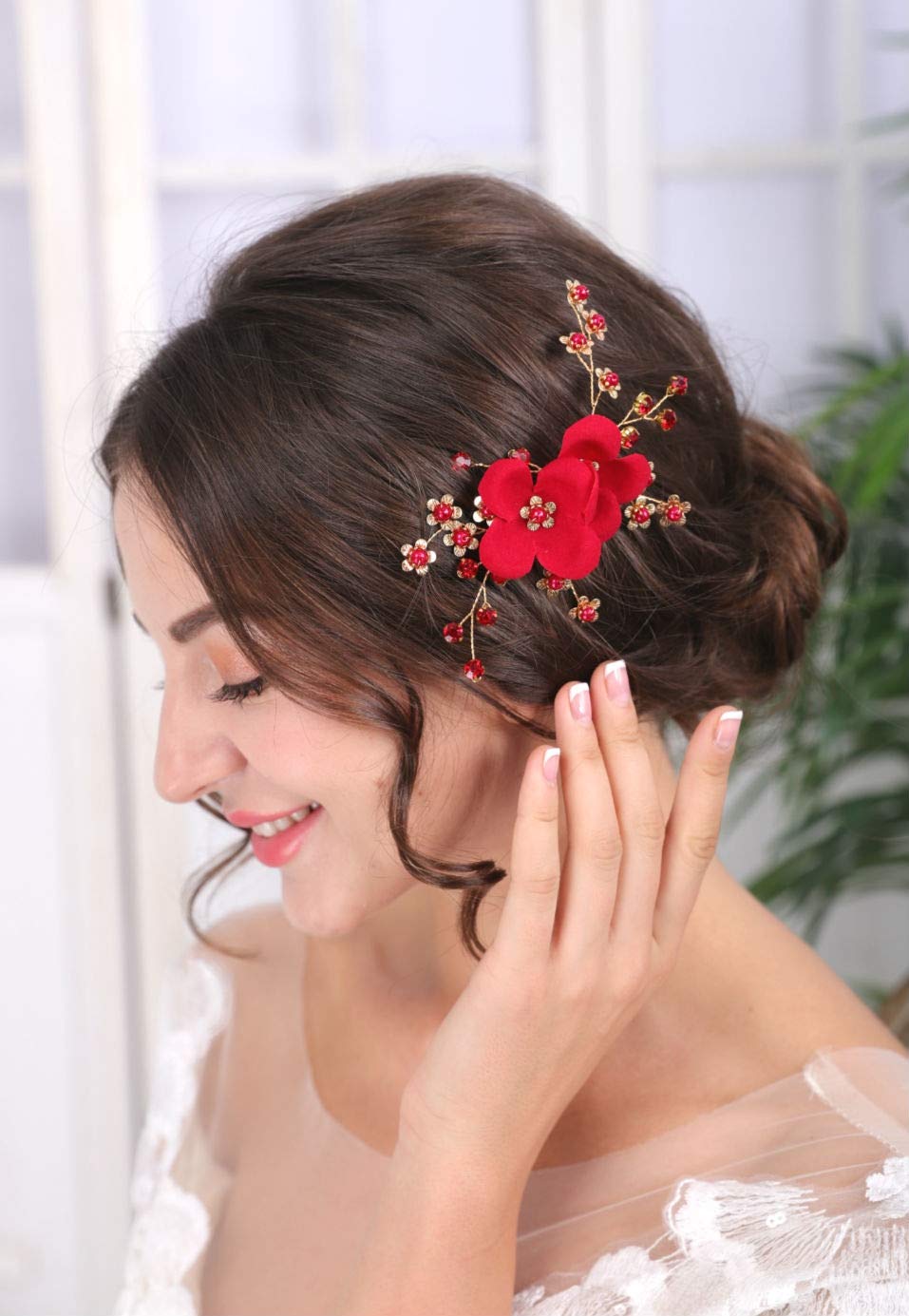 Sither Red Hair Clip for Bridal Floral Hair Comb for Women Wedding Hair Accessories for Bride Hair Clip Headpiece for Wedding Party Prom Gift Beauty & Personal Care Sither