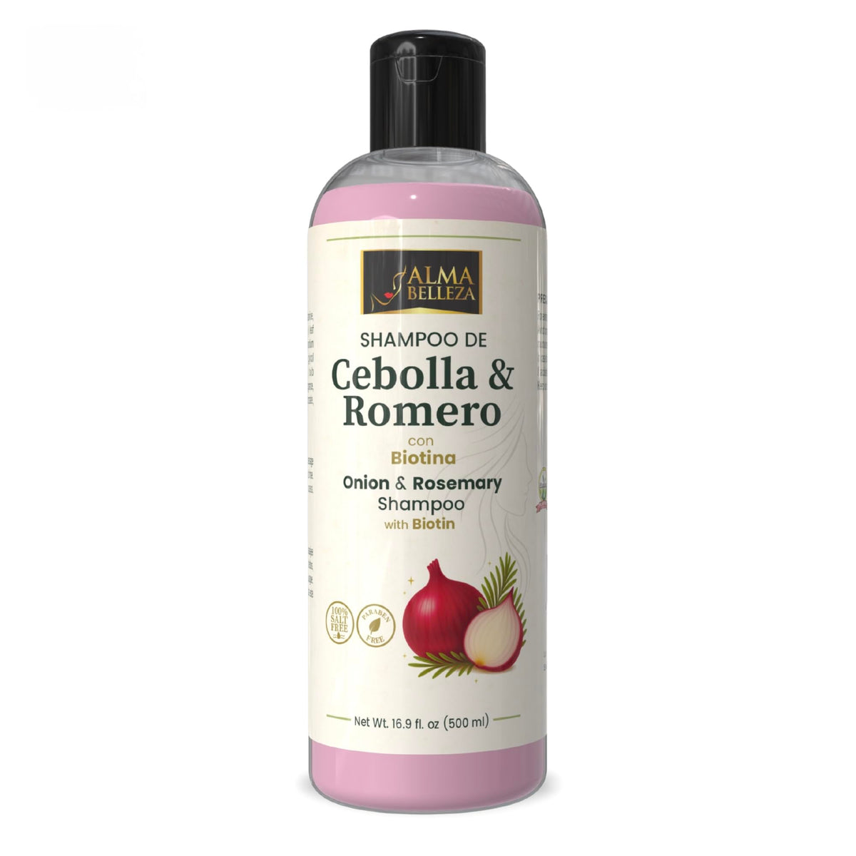 Alma Belleza Onion & Rosemary Shampoo with Biotin - Gentle Cleansing Shampoo for Shine, Strength & Manageability - Paraben Free, Salt Free - 16.9 fl