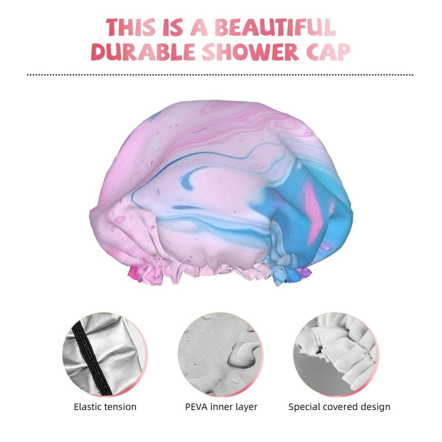 Colorful Marble Pastel Blue Purple Shower Cap for Women Men Large Reusable Shower Bonnet Double-Layer Waterproof Bath Caps Elastic Band Hair Hat Beauty and Personal Care BWLHJKE