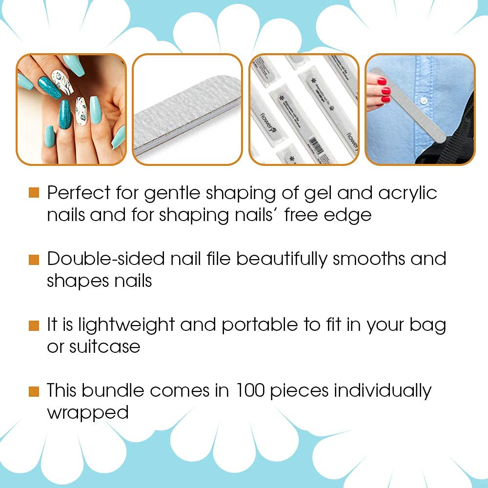 Flowery Nail File 100/180 Grit for Acrylic Nails, Double-Sided Nail Files, Disposable Emery Boards, Manicure Kit, Cushion Core, Silver, 100-Pack Beauty & Personal Care Flowery