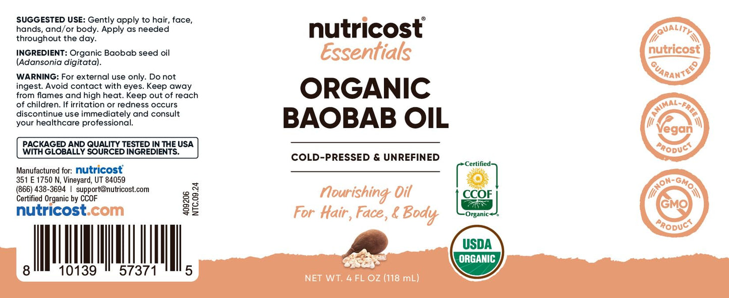 Nutricost Organic Baobab Oil (4 FL OZ) - Nourishing Oil For Hair, Face, & Body, Cold Pressed & Unrefined Beauty & Personal Care Nutricost