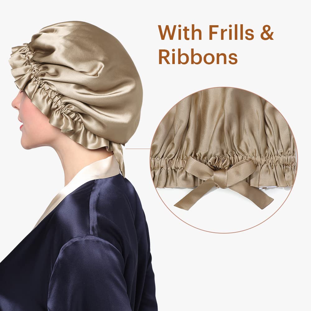 LilySilk Pure Silk Lined Cap for Women Sleep, Double Layered, Adjustable Ribbons, Luxury Natural Silk Bonnet Cap for Sleeping Coffee+White Beauty and Personal Care LilySilk