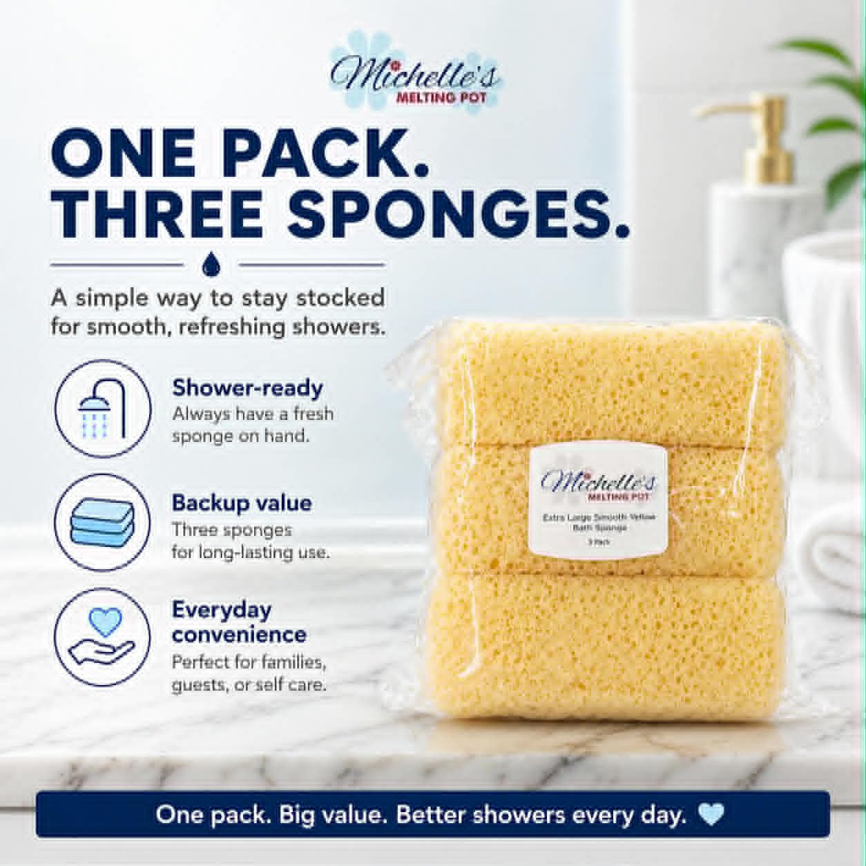 XL Smooth Yellow Foam Bath Sponge Shower Sponge Michelle's Melting Pot (3 Count) Beauty and Personal Care Michelle's Melting Pot
