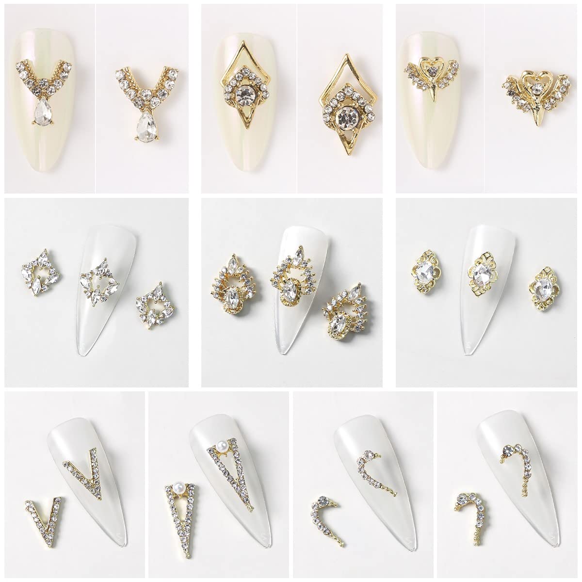 qiipii 12 Pair 3D Alloy Gold Nail Art Rhinestones - Heart Shaped Nail Charms, Golden Nail Crystal Diamonds Jewelry Stones Studs for Nails Decor Crafts Beauty & Personal Care qiipii