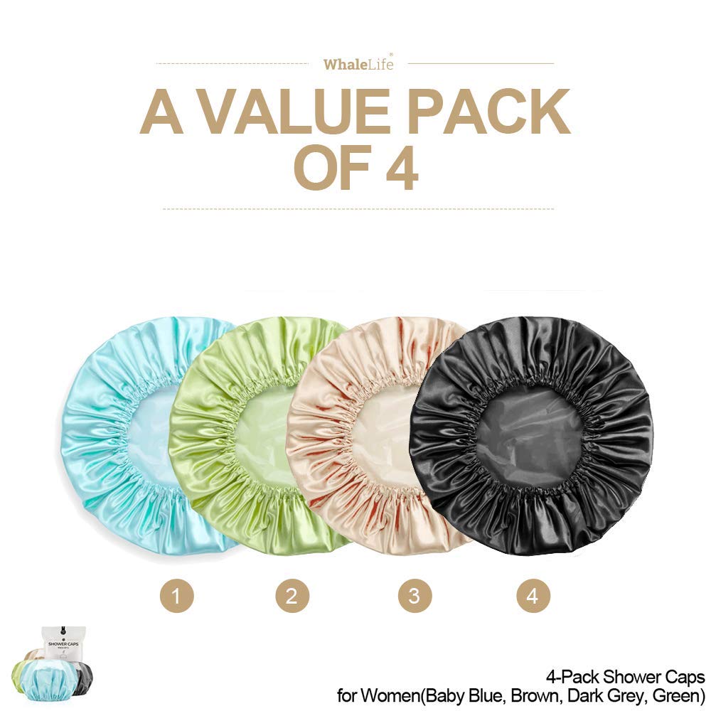 Shower Cap for Women Reusable Extra Large Shower Caps for Men Satin Double Layer EVA Waterproof Long Hair Caps(Baby Blue, Brown, Dark Grey, Green 4 Beauty & Personal Care WhaleLife