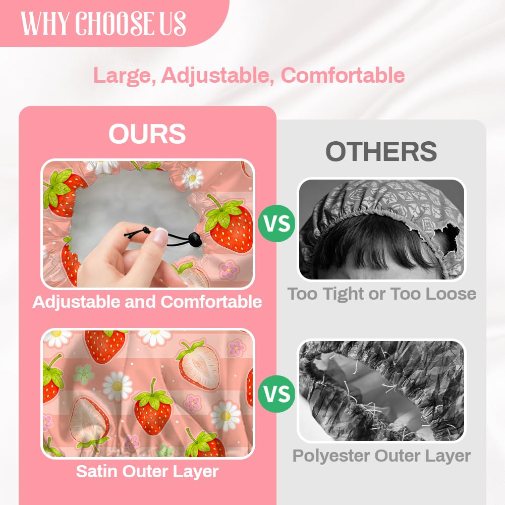 DELORIGIN Strawberries Reusable Shower Cap Cute Fruit Double Layer Waterproof Shower Caps Large Elastic Hair Cover Adjustable Hair - Drying Caps Beauty and Personal Care DELORIGIN