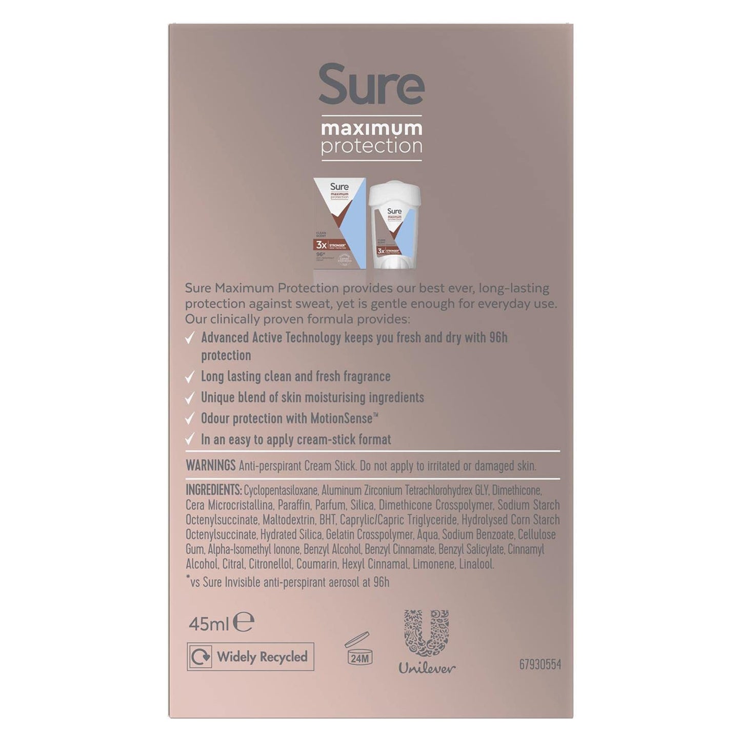 Sure Women Maximum Protection Clean Scent AntiPerspirant Deodorant Cream 45ml Pack of 3 Beauty and Personal Care Sure