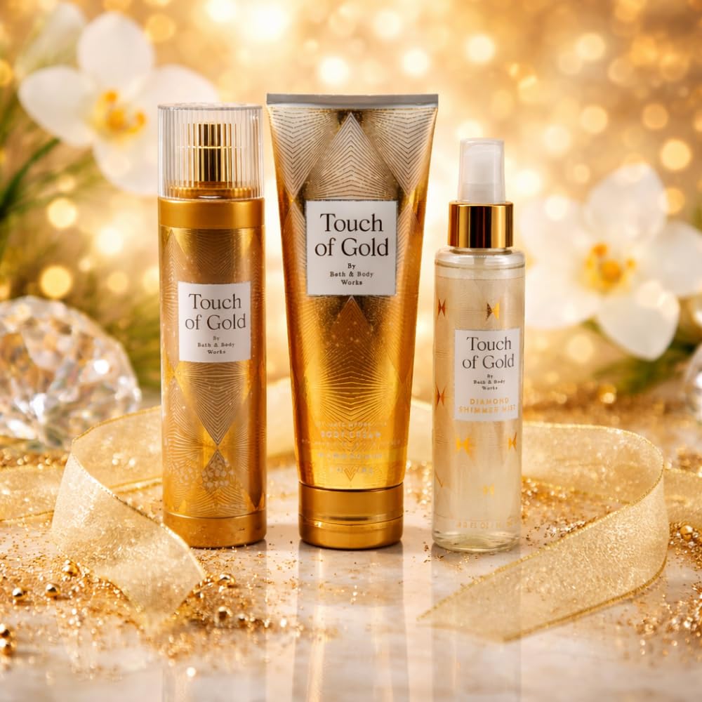 Bath & Body Works TOUCH OF GOLD Full-Size Gift Set - Fine Fragrance Mist, Diamond Shimmer Mist & Ultimate Hydration Body Cream with 40-Inch Gold Beauty and Personal Care Bath & Body Works
