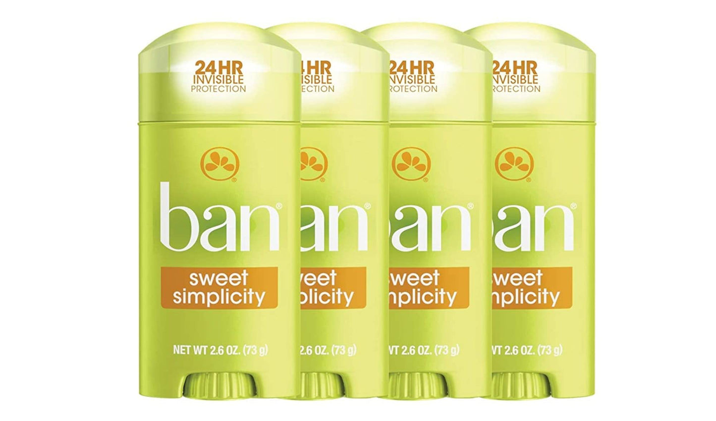 Ban Invisible Solid Antiperspirant Deodorant for Women and Men, 24-Hour Underarm Odor & Sweat Protection, Sweet Simplicity, 2.6 Oz, Pack of 4 Beauty and Personal Care Ban