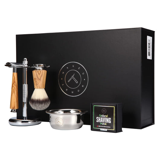 Complete Safety Razor Kit - Includes Olive Wood Safety Razor, Closed Comb Double Edge Razor, Safety Razor Stand, Olive Wood Shaving Brush, Organic Beauty and Personal Care Naked Armor