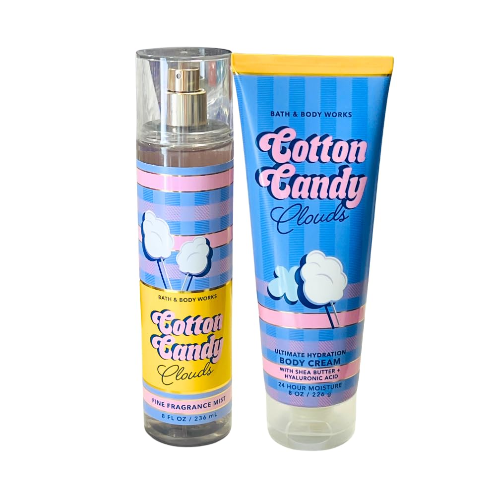Bath & Body Works COTTON CANDY CLOUDS Fine Fragrance Mist and Ultimate Hydration Body Cream 2pc Gift Set with a Red Bow for Holidays - Full Size Beauty and Personal Care Bath & Body Works