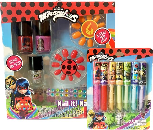 Zag Miraculous Ladybug Nail Polish Set and Lip Gloss Bundle- Includes 3 Nail Polishes, 2 Glitter Pots, 20 Faux Nails and Gemstone Sticker Sheet with 7 Beauty & Personal Care Zag