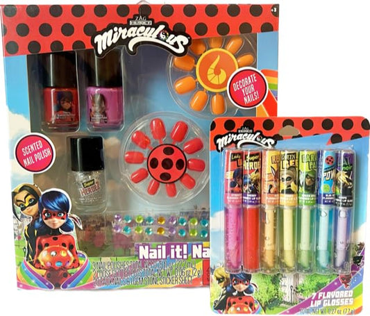 Zag Miraculous Ladybug Nail Polish Set and Lip Gloss Bundle- Includes 3 Nail Polishes, 2 Glitter Pots, 20 Faux Nails and Gemstone Sticker Sheet with 7 Beauty & Personal Care Zag