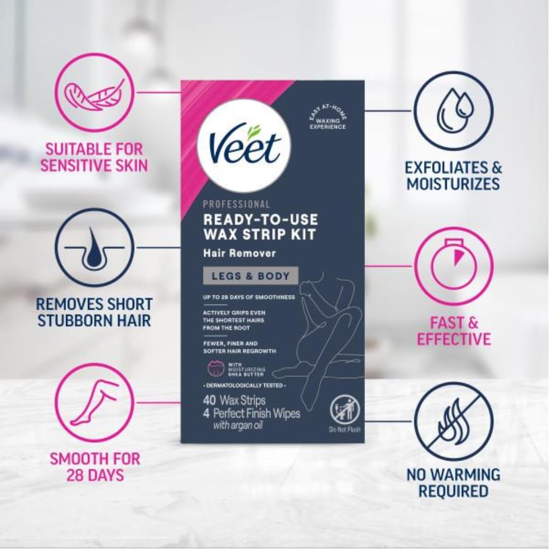 Veet Leg & Body Hair Removal Kit- Sensitive Formula, Ready-to-use Cold Wax Strips, Shea Butter & Acai Fragrance, 40 Count (Pack of 2) Beauty and Personal Care Veet
