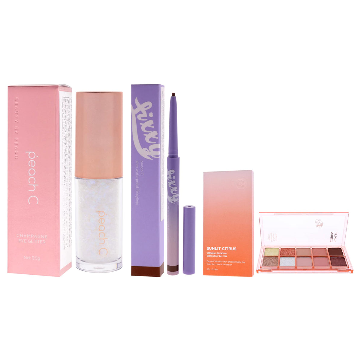 Peach C Kit by Peach C for Women - 3 Pc Kit 0.12oz Eye Shadow - 01 Pure White, 0.04 Eyeliner - 03 Soft Brown, 0.29oz Eye Shadow - 04 Sunlit Citrus
