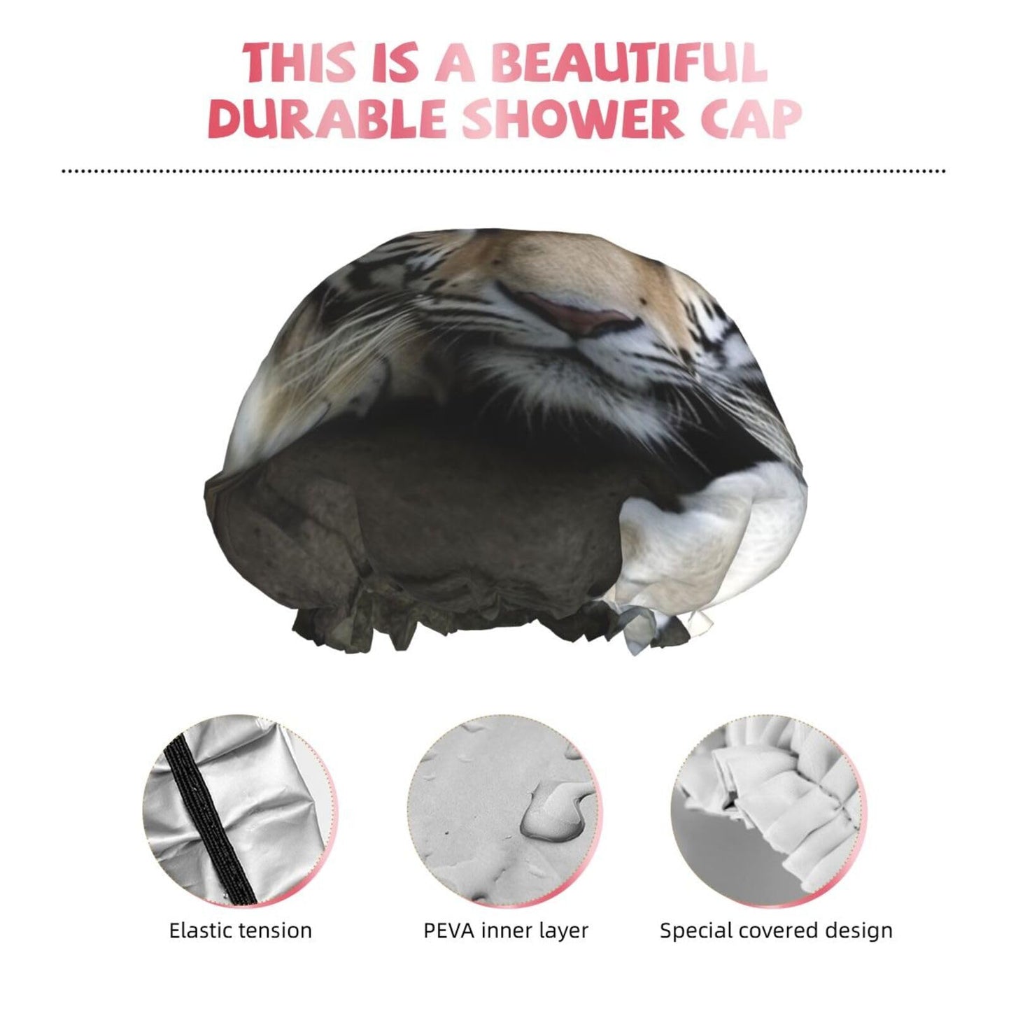 Tiger Lie On Rock Shower Cap for Women Men Large Reusable Shower Bonnet Double-Layer Waterproof Bath Caps Elastic Band Hair Hat for All Hairstyles Beauty and Personal Care BWLHJKE