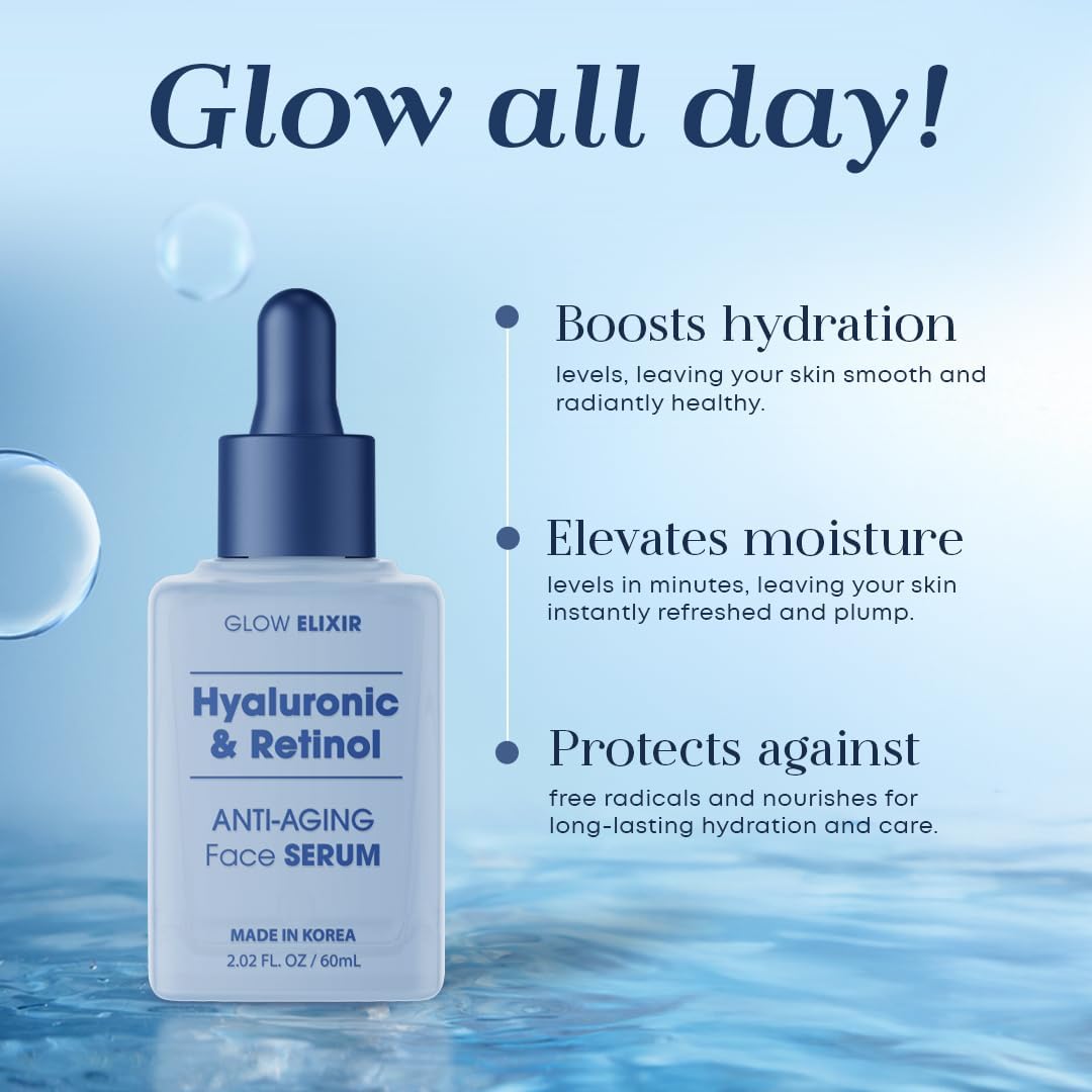 Glow Elixir Retinol Serum for Face with Hyaluronic Acid - Hydrating Anti-Aging Face Serum for Wrinkles Fine Lines & Uneven Skin Tone - Dermatologist Beauty & Personal Care Glow Elixir