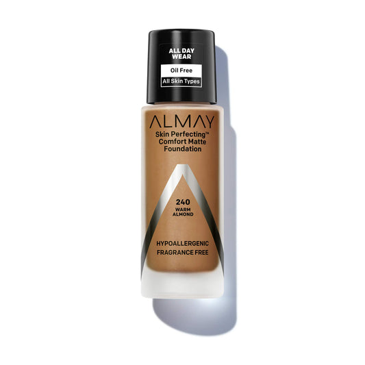 Almay Skin Perfecting Comfort Matte Foundation Liquid Makeup, Hypoallergenic, Cruelty- & Fragrance-Free, Dermatologist-Tested, 240 Warm Almond, 1 fl