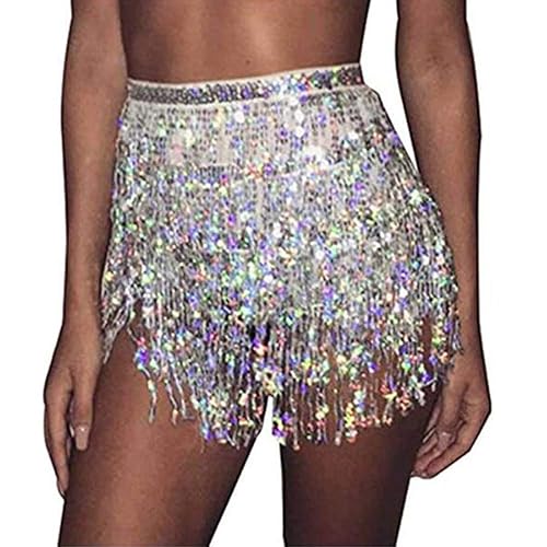 Aimimier Belly Dance Hip Skirt Sequins Tassel Scarf Multi-Layered Belly Belt Dance Wrap Rave Costume Performance Festival Dresses for Women (Silver) Beauty & Personal Care Aimimier