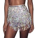 Aimimier Belly Dance Hip Skirt Sequins Tassel Scarf Multi-Layered Belly Belt Dance Wrap Rave Costume Performance Festival Dresses for Women (Silver) Beauty & Personal Care Aimimier