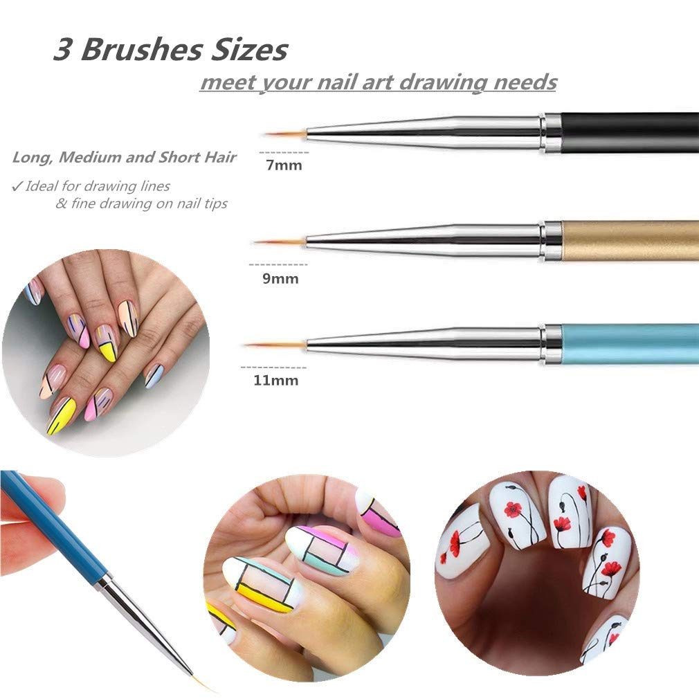 3PCS Nail Art Liner Brushes, UV Gel Painting Acrylic Nail Design Nylon Brush, Nail Painting Drawing Pens (7/9/11mm) Beauty & Personal Care SQULIGT