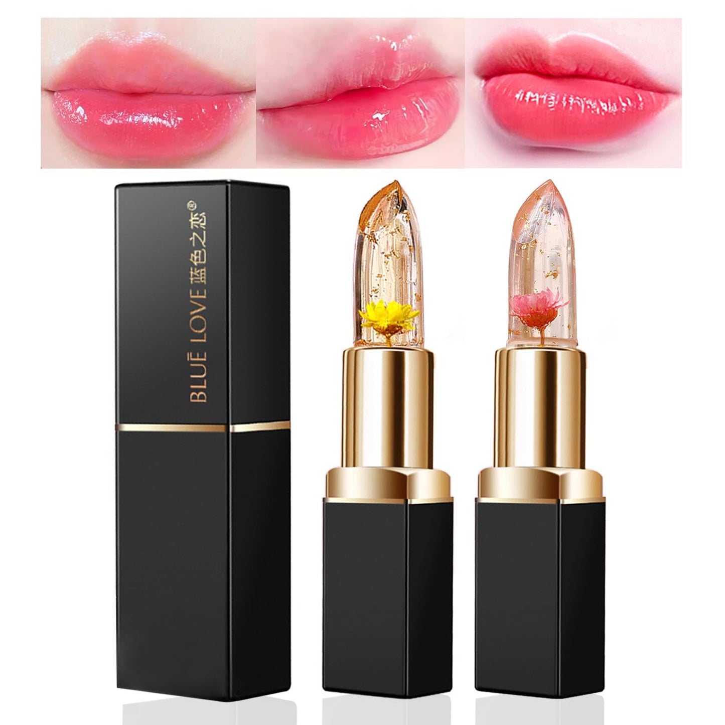 BLUE LOVE 2PCS Color Changing Flower Lipstick - Hydrating Jelly Lip Balm with Flower, Long-Lasting Moisturizer & Nourishing Lip Gloss (Gold&Pink) Beauty and Personal Care BLUE LOVE