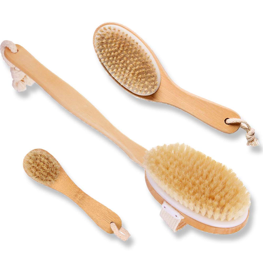 Touch Me 3 Set Body Brush Set - Long Wooden Dry Bath Body Back Brush, Contour Handle Natural Bristle Brush and Facial Brush Beauty and Personal Care Touch Me