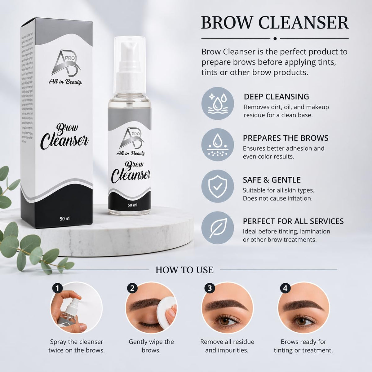 ALL IN PRO BEAUTY Brow Cleanser & Primer Spray - Removes Oil & Residue for Better Adhesion, Professional Eyebrow Prep, 50ml