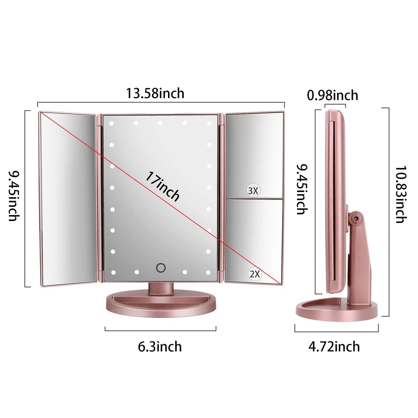 deweisn Dresser Mount Tri-Fold Lighted Vanity Mirror with 21 LED Lights, Touch Screen and 3X/2X/1X Magnification, Two Power Supply Modes Make Up Beauty and Personal Care deweisn