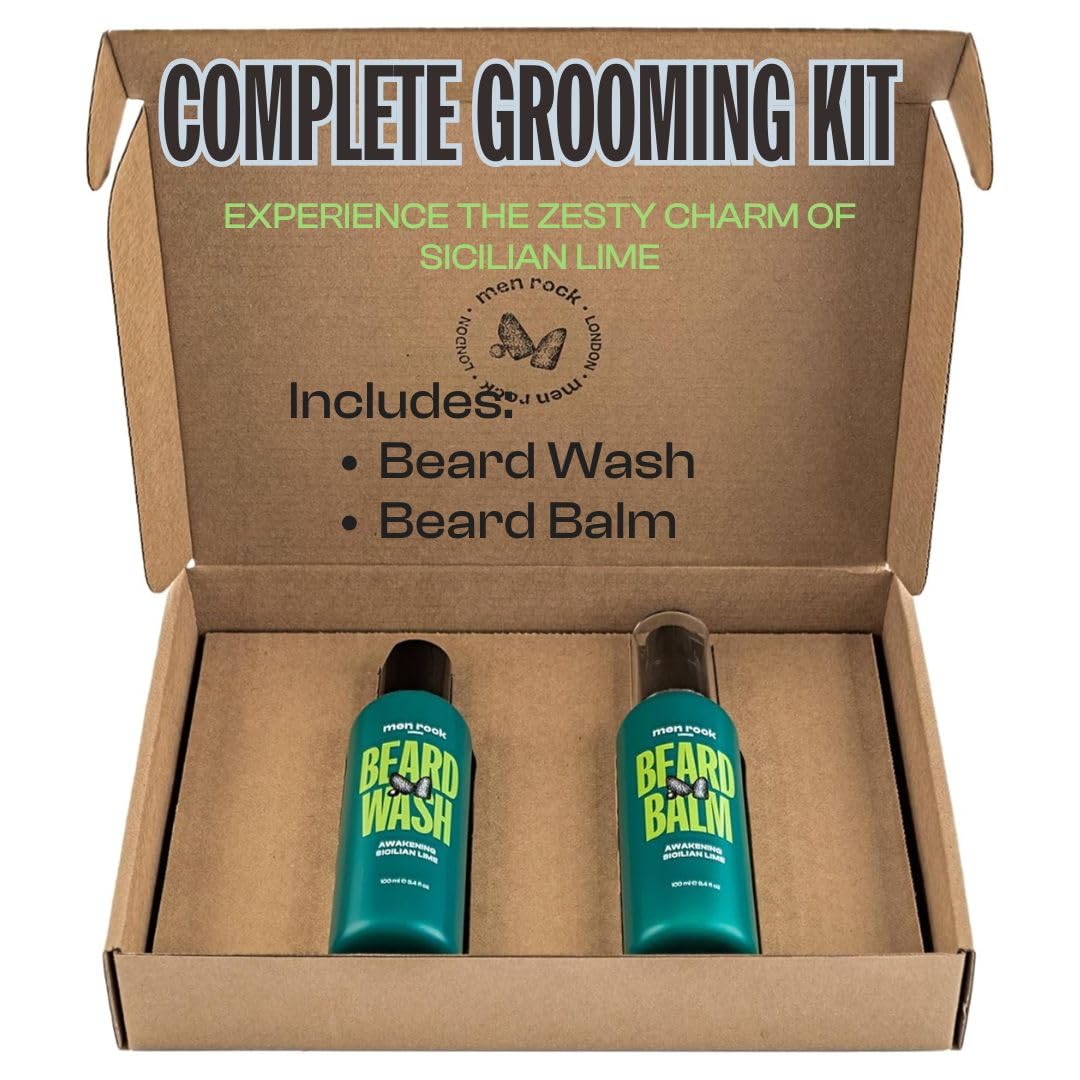 Men Rock Beardy Beloved Awakening Essential Beard Kit - Sicilian Lime - Beard Balm and Wash - Mens Face Care Kit - Skincare Products for Men - 2 Pc Beauty and Personal Care Men Rock