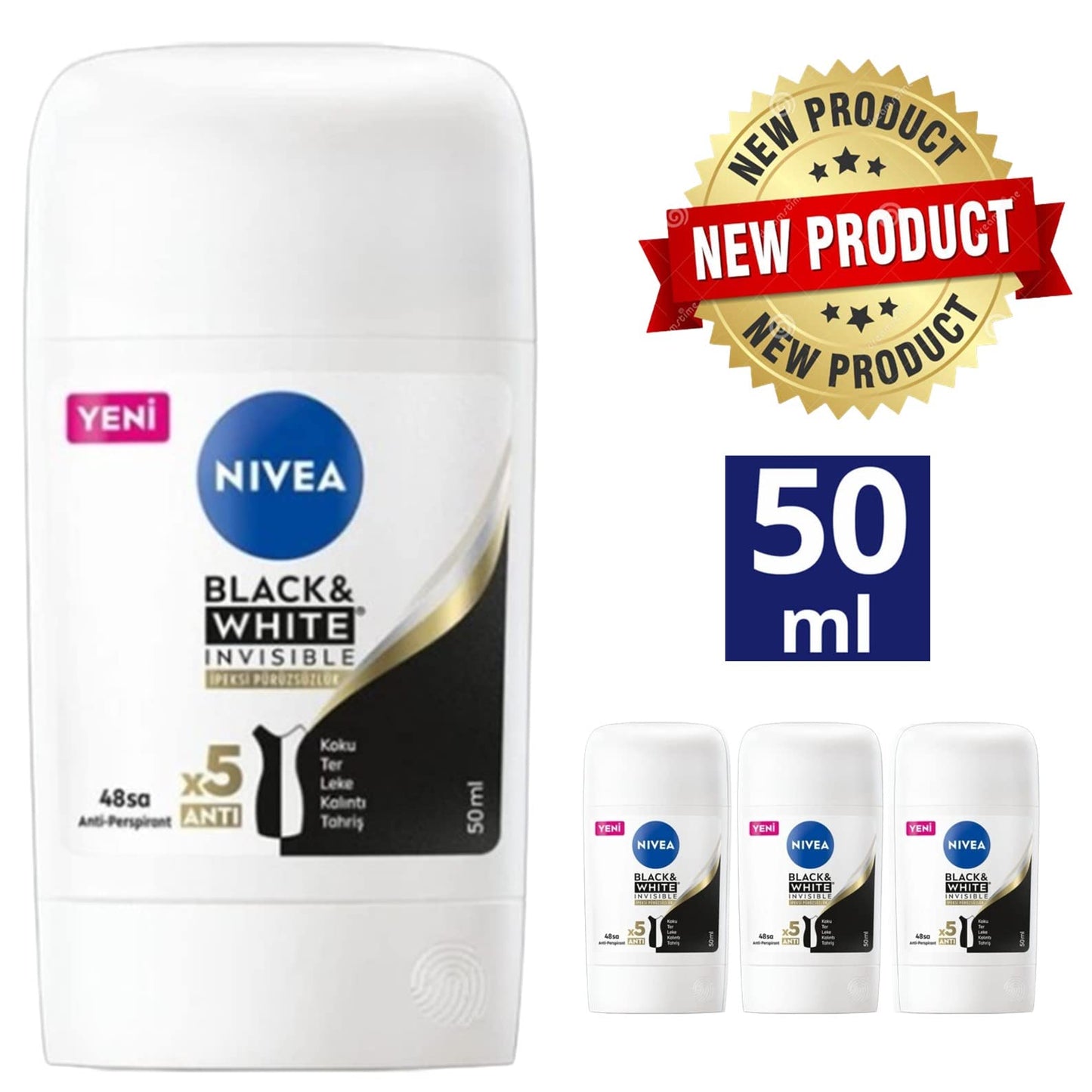 NIVEA NEW STICK BLACK WHITE INVISIBLE STICK DEODORANT 50 ML - THINY APPEARANCE-ANTI-TRANSPIRANT-ERGONOMIC DESIGN-SOLID STICK- (PACK OF 3x50 ML) Beauty and Personal Care NIVEA
