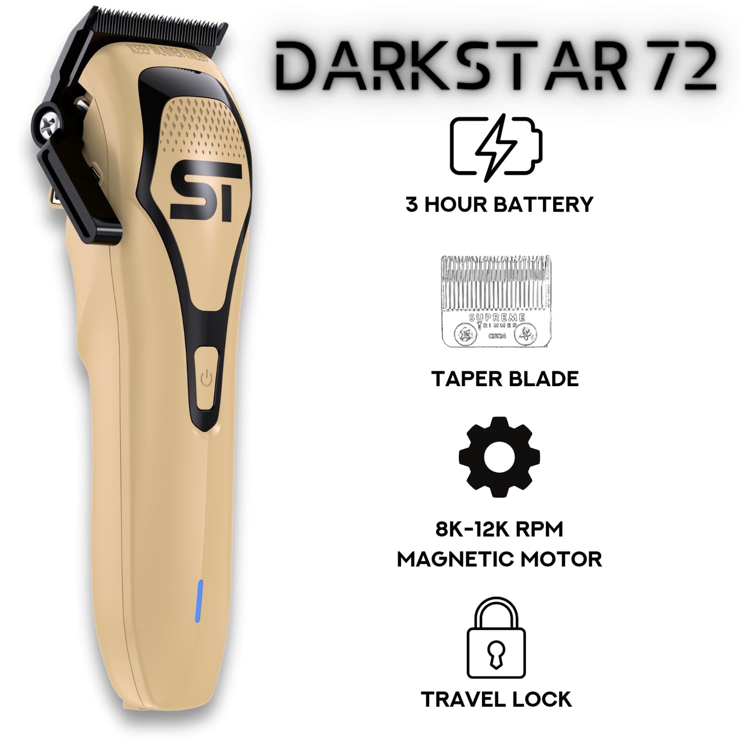 Supreme Trimmer Darkstar 72 Clipper with Magnetic Vector Motor - 180 Min Run Time, 9000 RPM Barber Hair Clipper - Low Noise, Professional Clipper DLC Beauty and Personal Care Supreme Trimmer