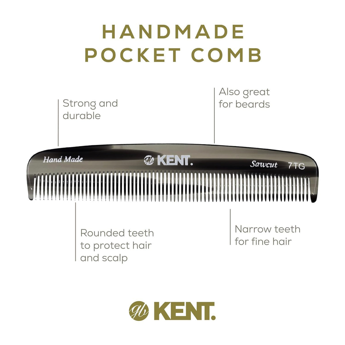 Kent 7T Black Graphite All Fine Tooth Pocket Comb for Men - Handmade Hair Comb for Men for Everyday Grooming and Styling - Travel Comb for Hair Care,