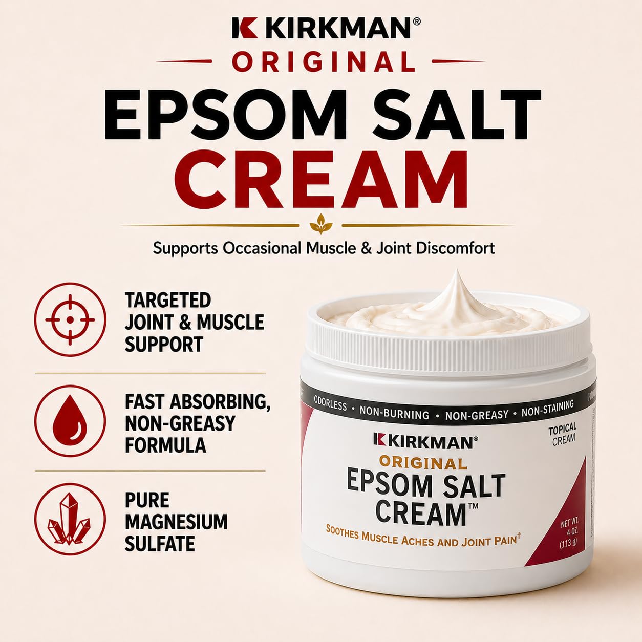 Kirkman - Epsom Salt Cream - 4oz Cream - Gluten Free - Casein Free Beauty and Personal Care Kirkman