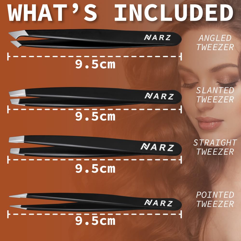 NARZ 4Pcs Professional Tweezers for Women Facial Hair Stainless Steel Precision Tweezers for Ingrown Hair Eyebrow Tweezer for Men & Women (Black Set) Beauty & Personal Care NARZ
