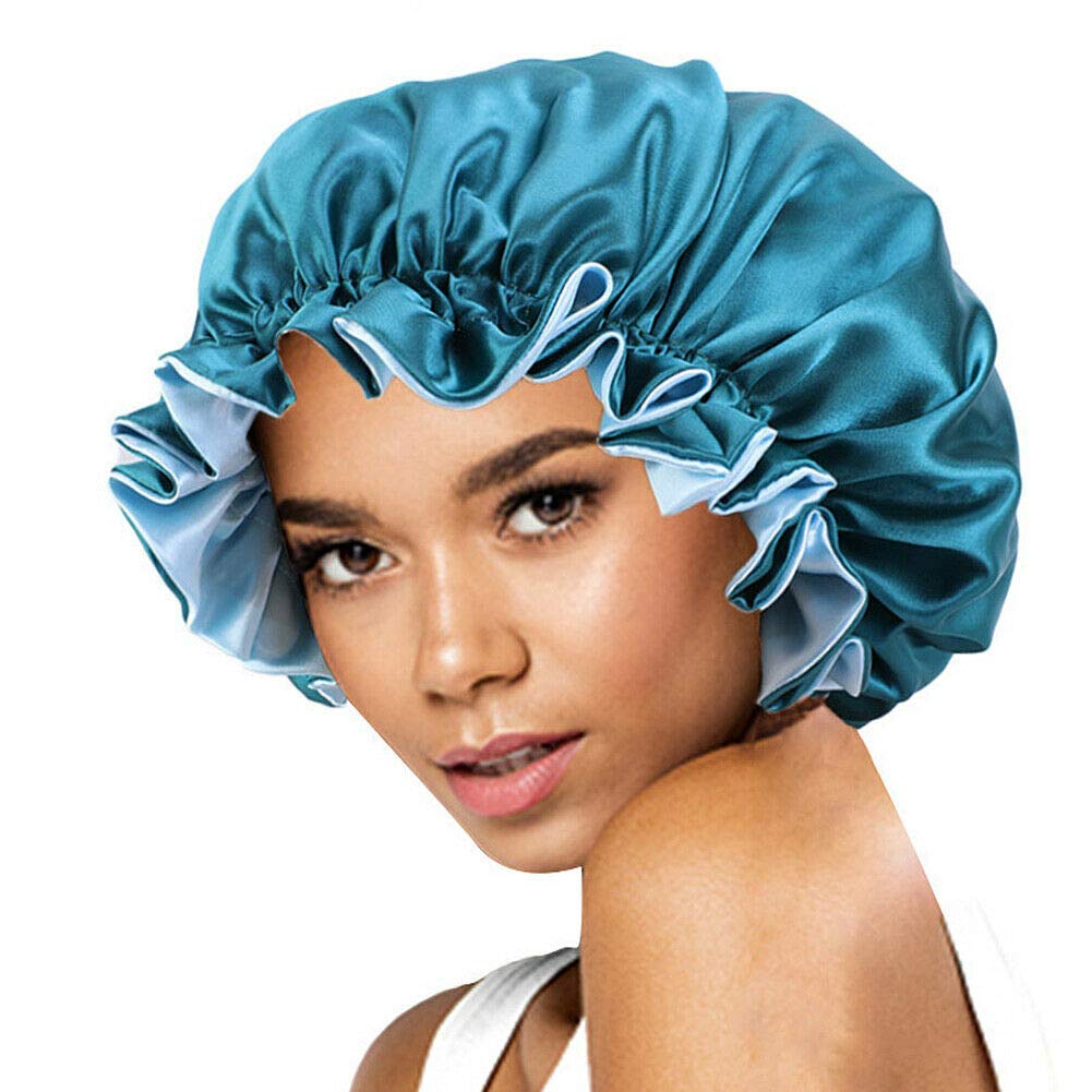 Magik Double-Sided Satin Night Sleep Cap Hair Bonnet Hat Head Cover w/Elastic Band (Teal Blue/Light Blue, 1 Pack) Beauty and Personal Care Magik