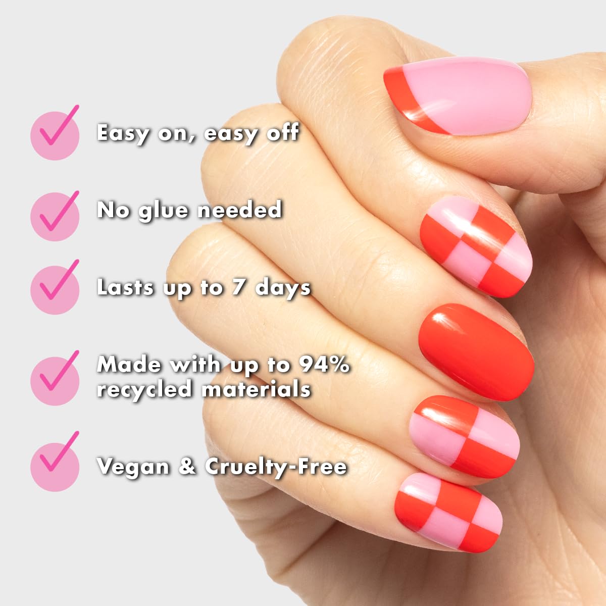 Olive & June Super Stick Press-On Nails, Pink Checker Party