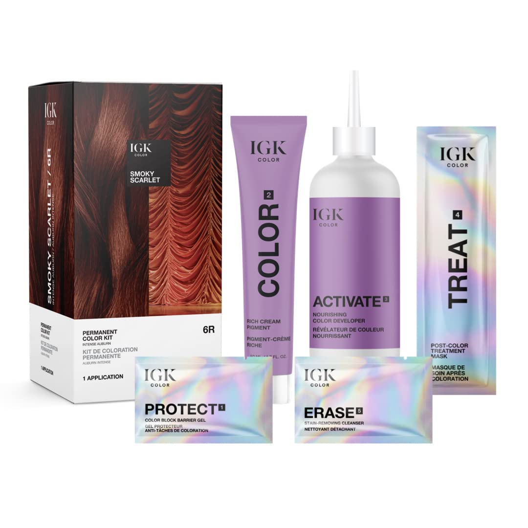IGK Permanent Hair Dye Color Kit | 6R Smoky Scarlet - Intense Auburn | 100% Gray Color Coverage + Strengthen + Shine | Ammonia Free Beauty & Personal Care IGK
