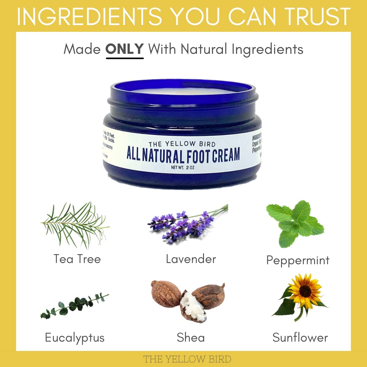 Yellow Bird Foot Cream - Hydrating Tea Tree Oil Foot Balm with Essential Oils. Natural Athletes Foot Treatment. Moisturizing Cracked Feet Repair Beauty & Personal Care The Yellow Bird