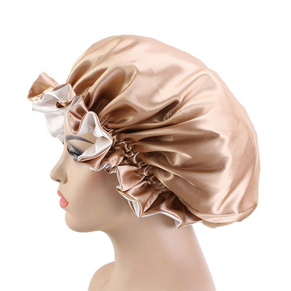 Magik Double-Sided Satin Night Sleep Cap Hair Bonnet Hat Head Cover w/Elastic Band (Champagne/Ivory, 1 Pack) Beauty and Personal Care Magik