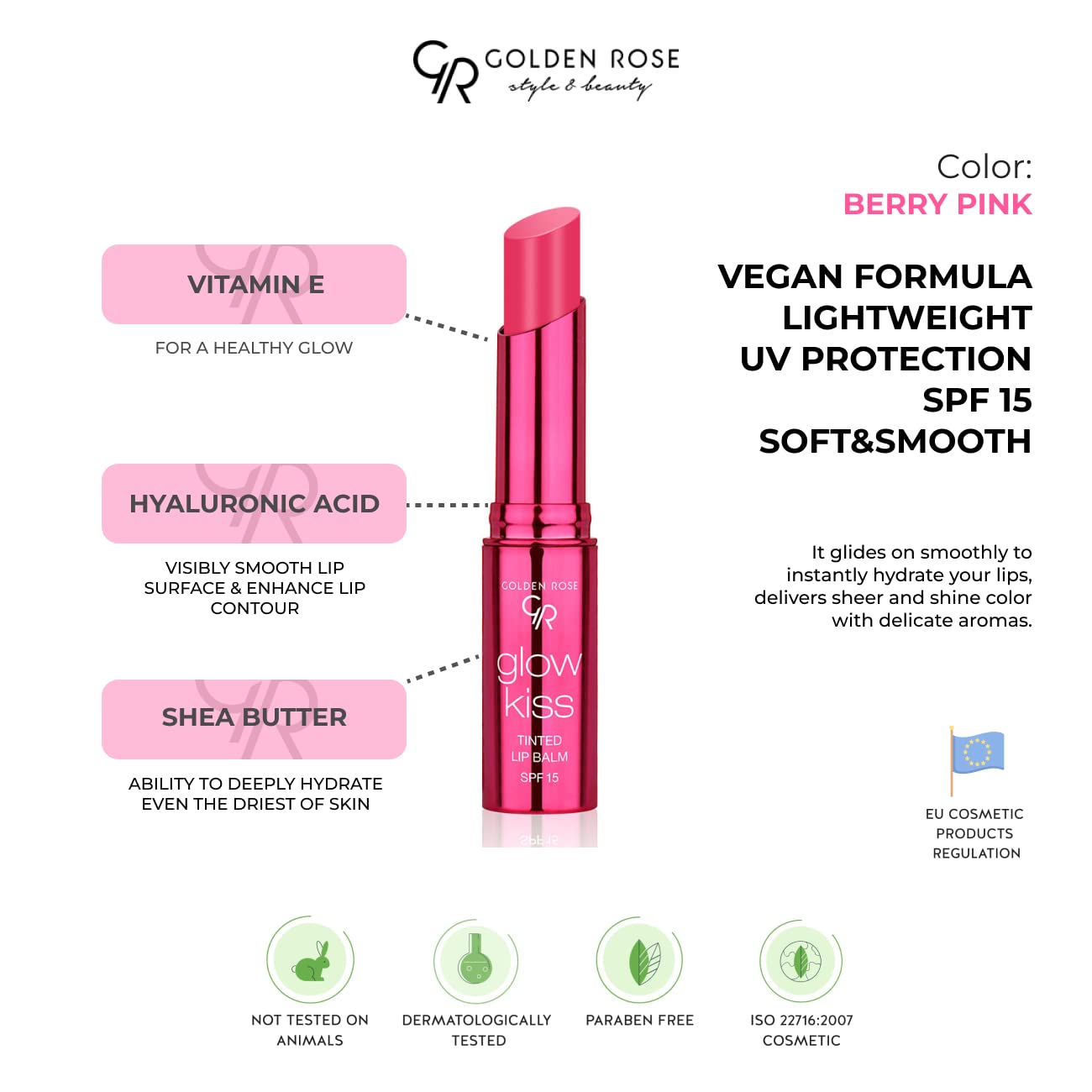 Golden Rose Cosmetics Glow Kiss Tinted Lip Balm with SPF15, Vegan Formula (Berry Pink) Beauty and Personal Care Golden Rose