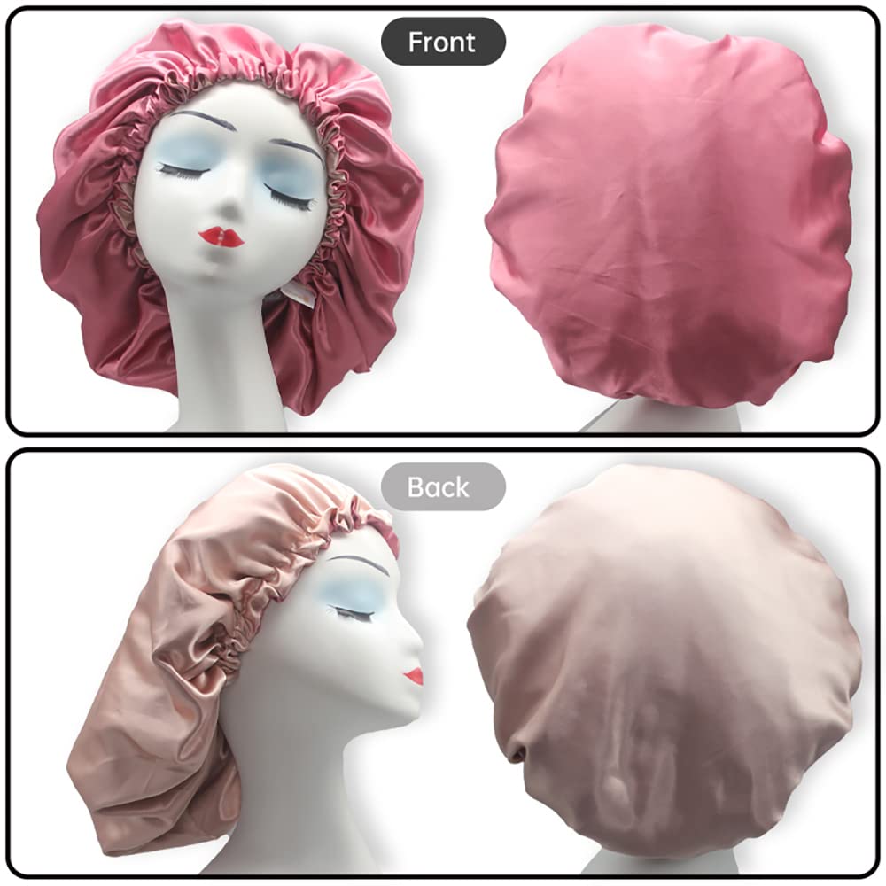 Satin Sleep Cap, Adjustable Satin Cap, Silk Bonnet, Reusable Bath Hair Cap for Night Sleeping Reversible Double Layer 2 Pack (Eggplant + Blush) Beauty & Personal Care Hanbertti
