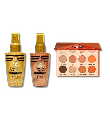 Secret of Pharaoh Egyptian Diamond Glitter Mist Gold 70ml and Rose Gold 70ml Bundle with Coral Oasis Eyeshadow Palette by EBIN NEW YORK - Shimmer Body Beauty & Personal Care EBIN NEW YORK