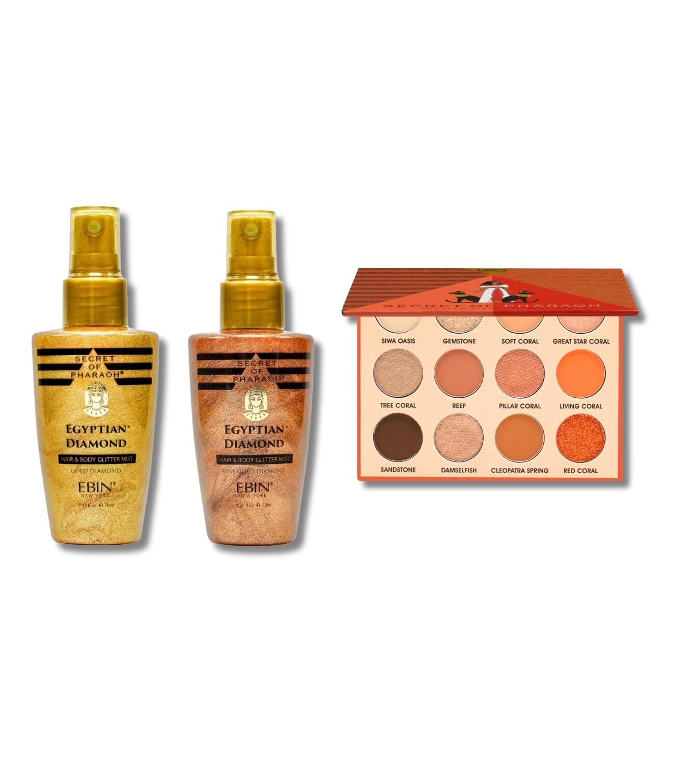 Secret of Pharaoh Egyptian Diamond Glitter Mist Gold 70ml and Rose Gold 70ml Bundle with Coral Oasis Eyeshadow Palette by EBIN NEW YORK - Shimmer Body Beauty & Personal Care EBIN NEW YORK