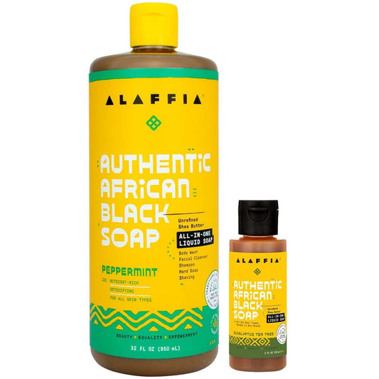 Alaffia Authentic African Black Soap Variety 2-Pack - All-In-One Liquid Soap, Travel-Size Eucalyptus Tea Tree + Full-Size Peppermint Body Wash, Face Beauty & Personal Care Alaffia