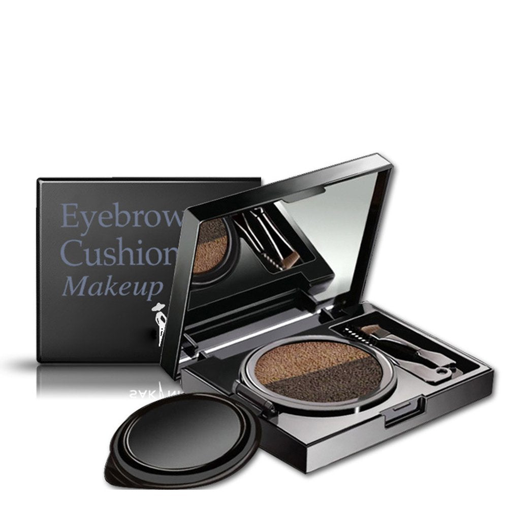 2 Colors Waterproof Air Cushion Eyebrow Cream Powder Makeup with Duo 2 End Eyebrow Brushes (Dark Brow Set) Beauty & Personal Care Inspired Capital L