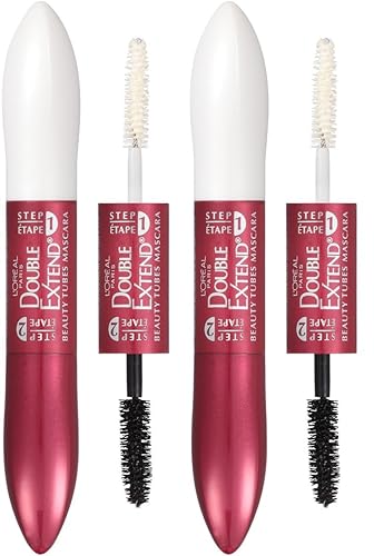 L'Oreal Paris Makeup Double Extend Tubing Mascara, Lengthening 2 Step Mascara, Smudgeproof, Blackest Black, Pack of 2 Beauty & Personal Care L'Oreal Paris